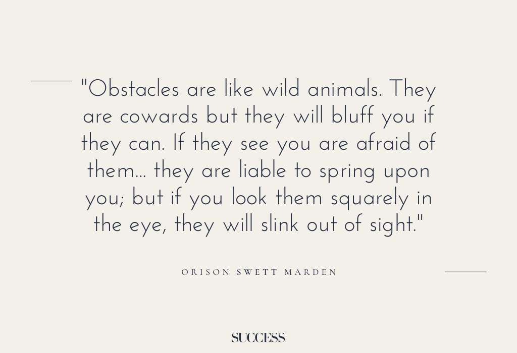 “Obstacles are like wild animals. They are cowards but they will bluff you if they can. If they see you are afraid of them… they are liable to spring upon you; but if you look them squarely in the eye, they will slink out of sight.” – Orison Swett Marden