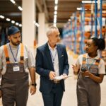 employees talking to boss in warehouse