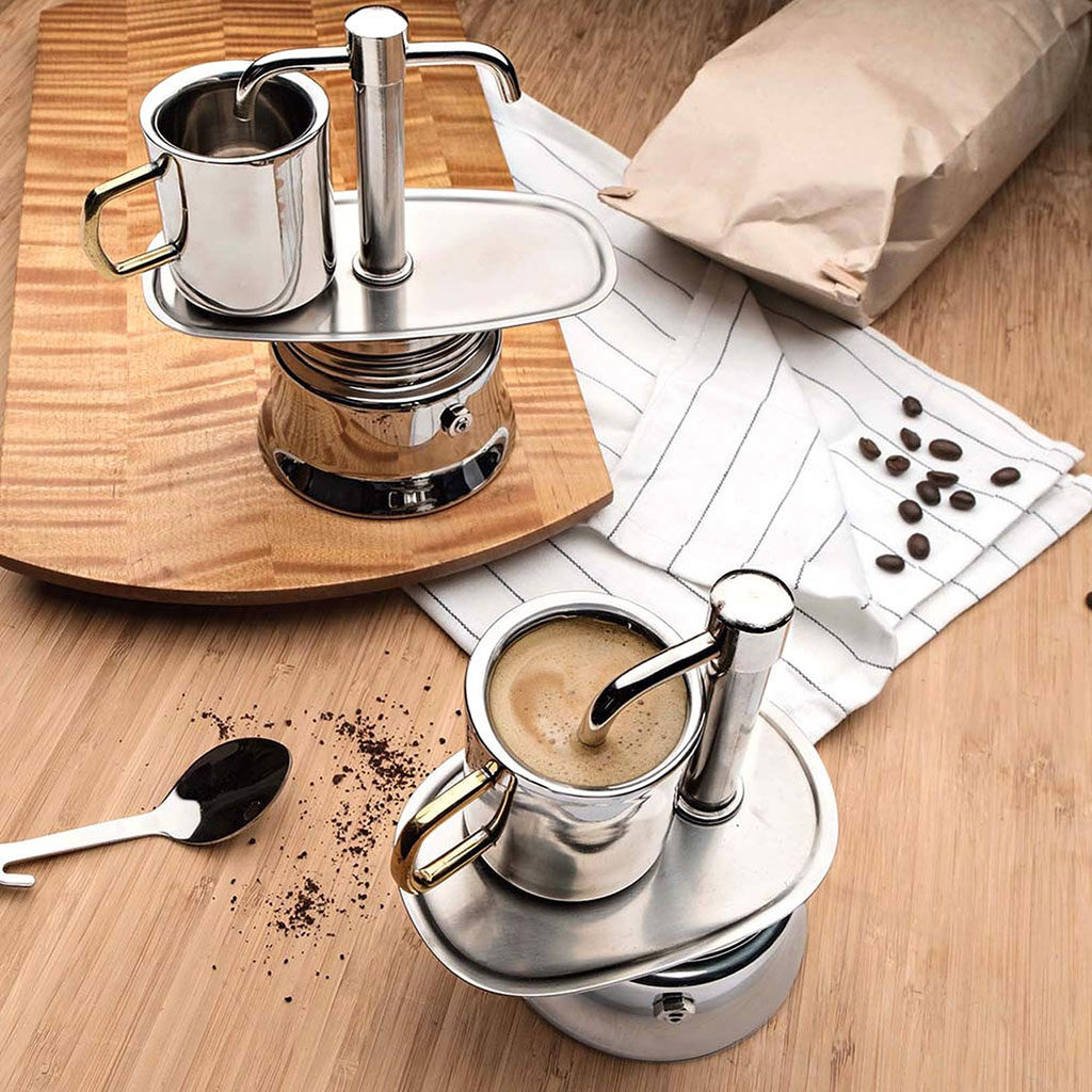 Garrett Wade's stainless steel stovetop espresso maker set in use, one of the best gifts for people who work from home