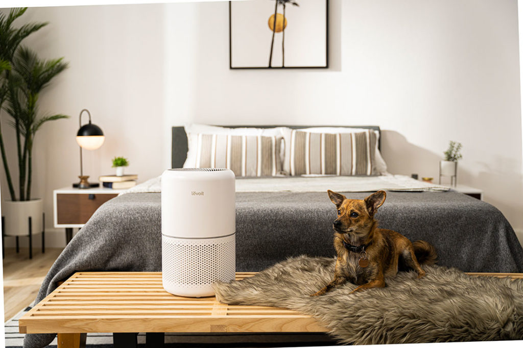 Levoit air purifier sitting on a bench in a clean bedroom, one of the best gifts for people who work from home