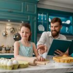 father and daughter making recipe from a health cookbook