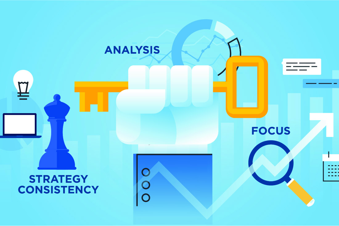 Propaganda Inc. Infographic image of a hand holding a key in the middle with the word "analysis", a chess piece to the left with the word "strategy consistency" and a circle on the right that says "Focus"