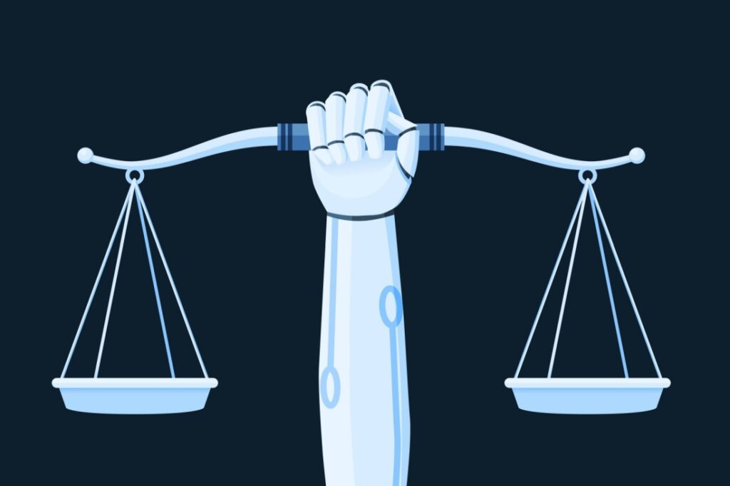 A robot hand holds the scales of justice.