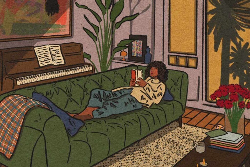 image created by a Black female artist of a woman laying on her couch in a boho living room