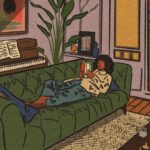 image created by a Black female artist of a woman laying on her couch in a boho living room