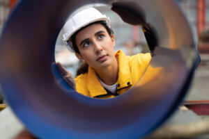 Women in engineering inspects industrial products