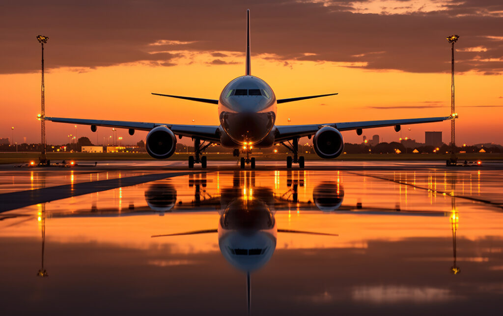 airplane on the tarmac at sunset