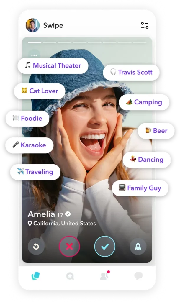 Photo shows the Wink app interface with a sample profile displayed and tagged with various interests.