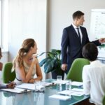 people sitting in a meeting with one person standing at a presentation board