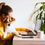 young woman working on laptop with small dog at work on lap