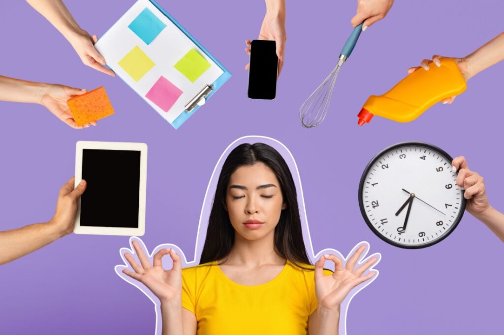 A woman attempts to mediate against a solid purple background. She is surrounded by outstretched hands offering her an iPad, a clipboard of notes, a phone, a whisk, and a clock.