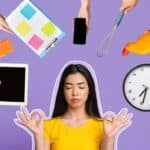 A woman attempts to mediate against a solid purple background. She is surrounded by outstretched hands offering her an iPad, a clipboard of notes, a phone, a whisk, and a clock.