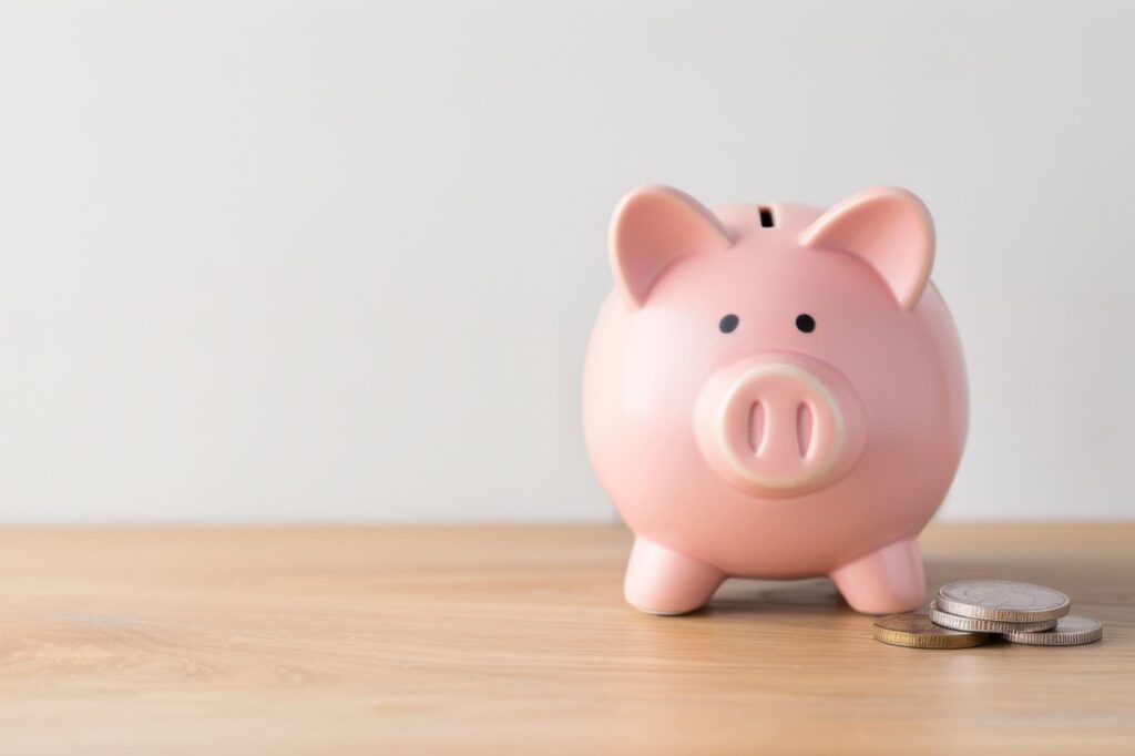 A piggy bank on a wooden table