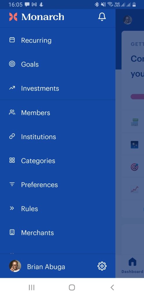 Monarch Money App Main Menu