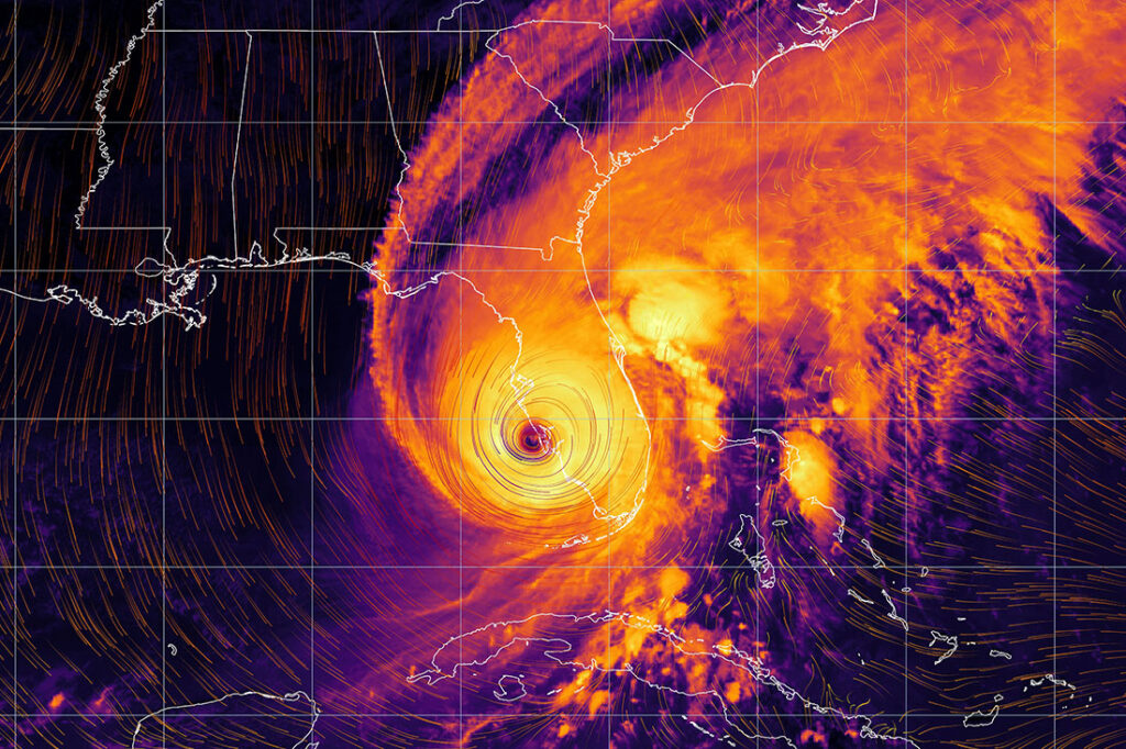 Hurricane Ian - colorful satellite weather map overlayed with wind streams.