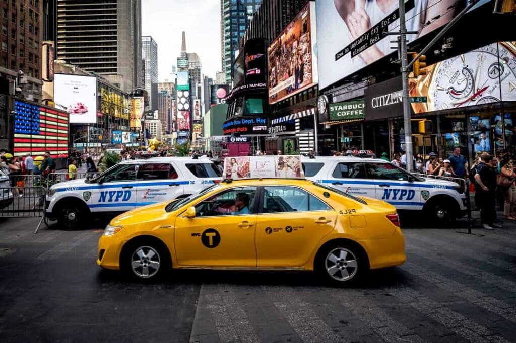 A yellow taxi in the city