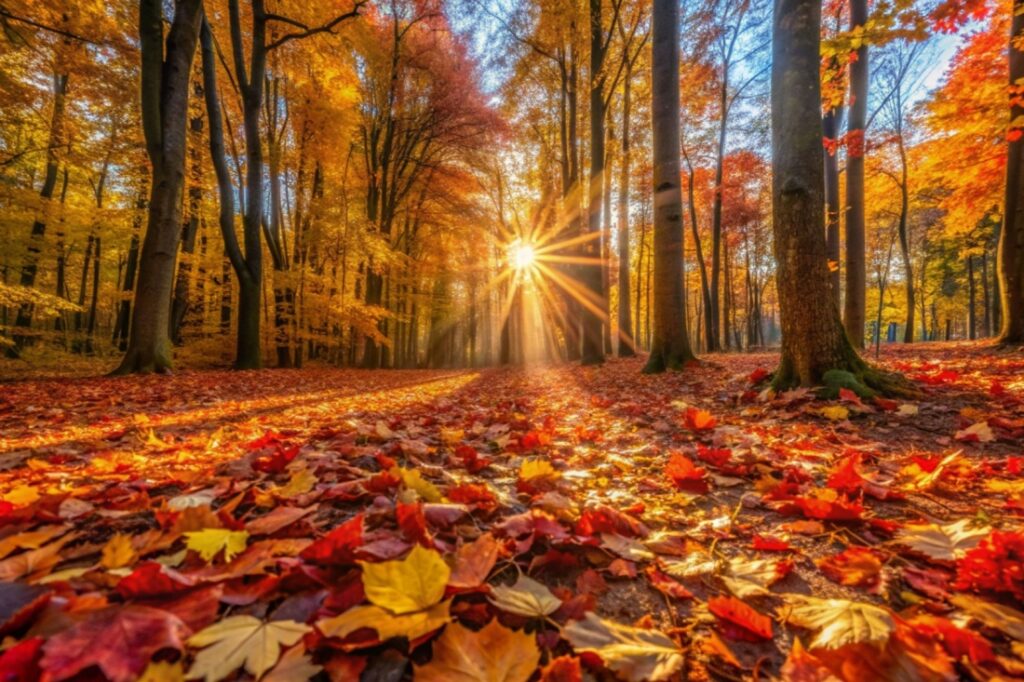 A forest floor covered with autumn leaves.