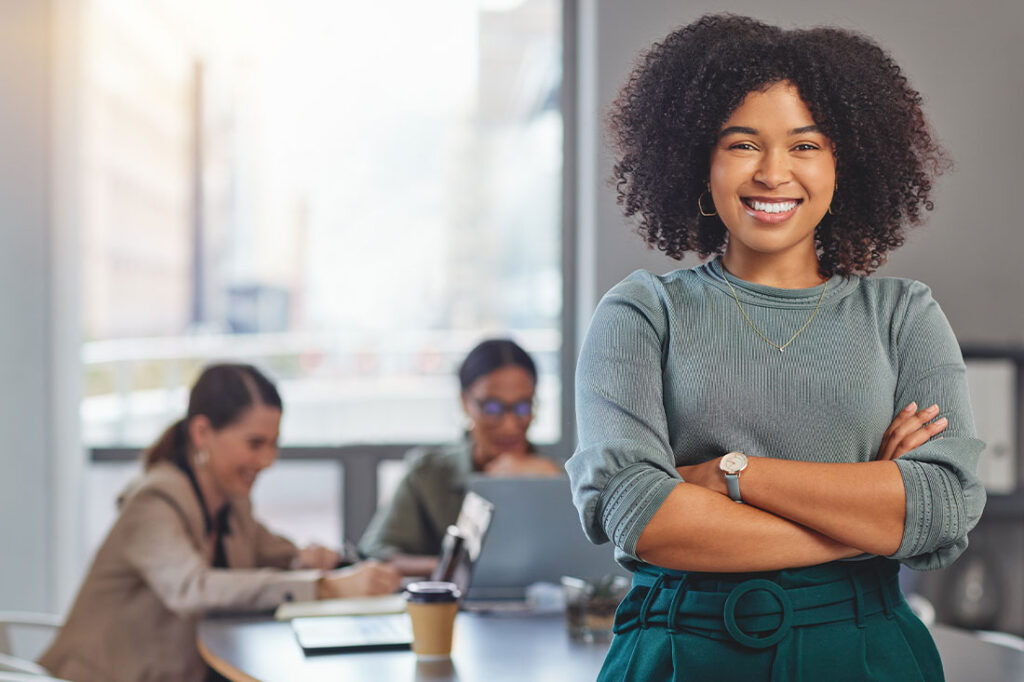 Happy, arms crossed and portrait of business woman in meeting