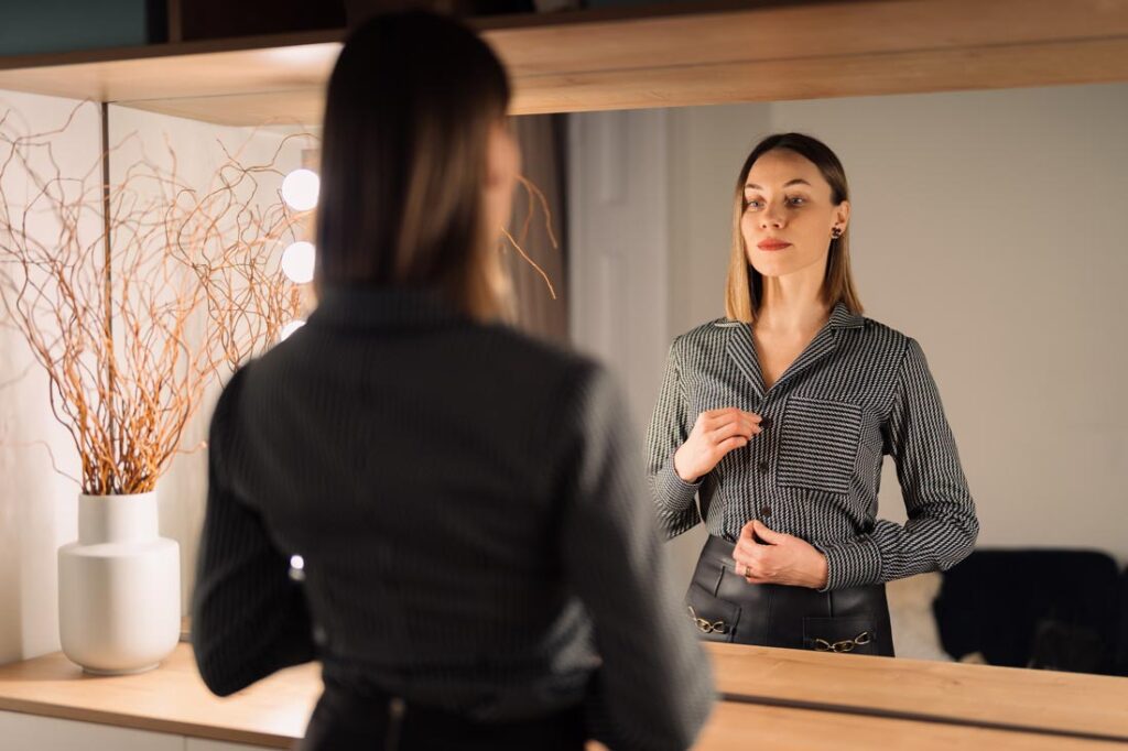 confident women looks at herself in a mirror