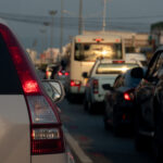 a traffic jam at sunset