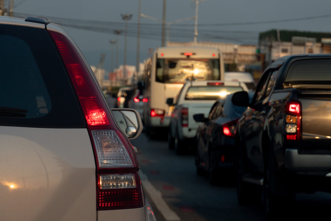 a traffic jam at sunset