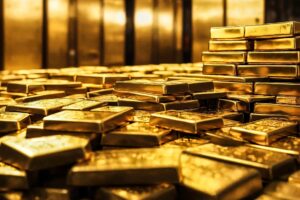 gold bullion stacked up in a vault