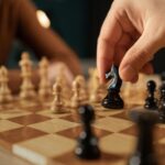 Close up of a hand playing chess.