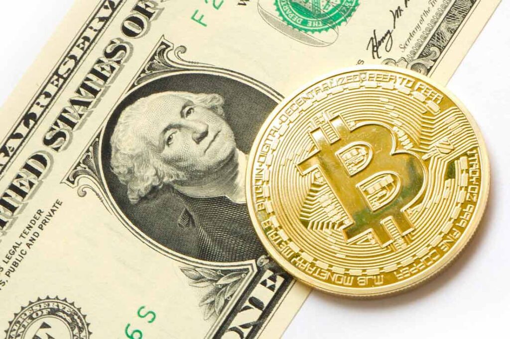 picture of a one dollar bill and a bitcoin