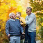 Middle aged man caring for elderly parent and young child as part of the sandwich generation