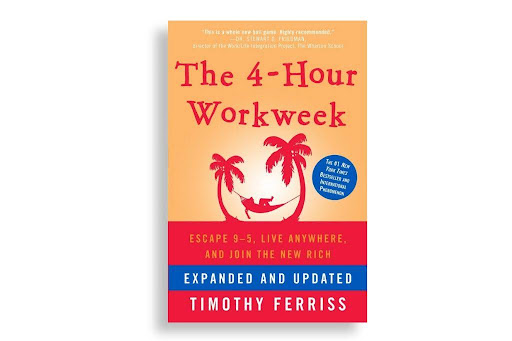 Orange red and blue cover of The 4-Hour Workweek written by Timothy Ferriss.