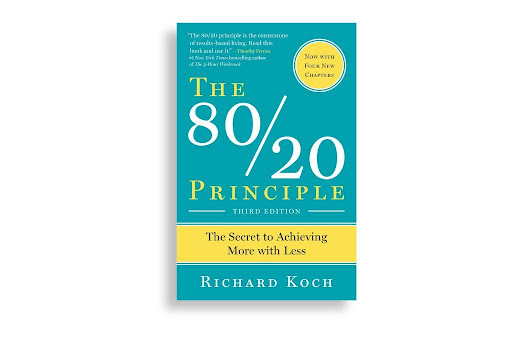 Blue and yellow cover of Robert Koch's The 80/20 Principle showing the title, subtitle and author.