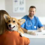 corgi dog looking to the camera while being held by his owner at the vet clinic