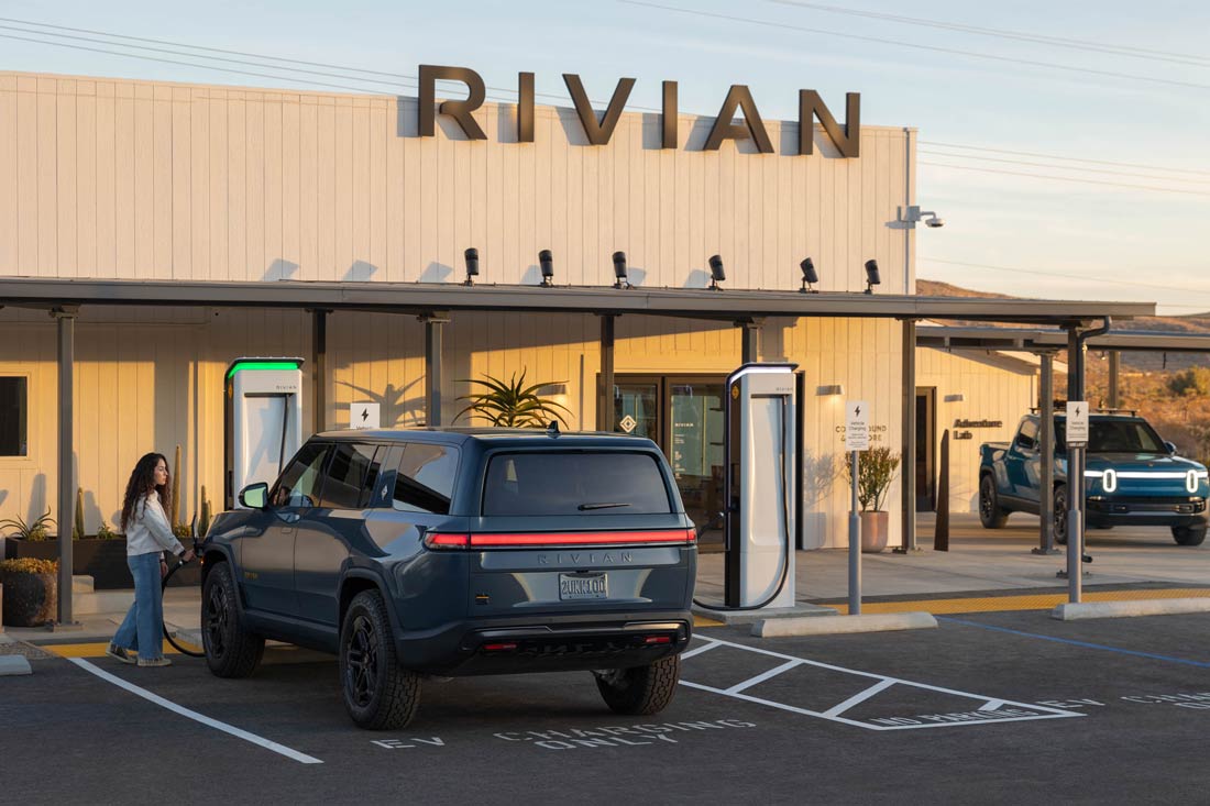 Forecourt of a next-gen rivian charging site