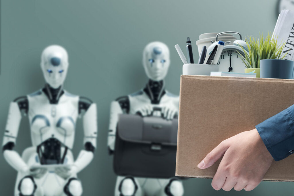 Fired office worker holding a box with her belongings and leaving the office, humanoid AI robots waiting for a job interview