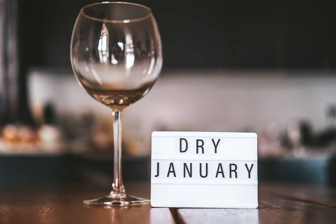 Wine glass with water and sign saying "Dry January"