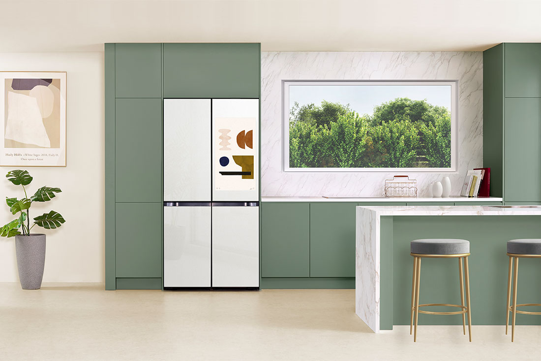 Samsung smart fridge in modern kitchen