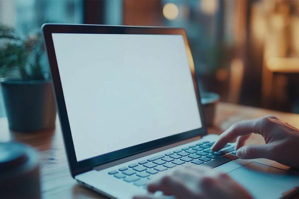 fingers typing blank white screen laptop