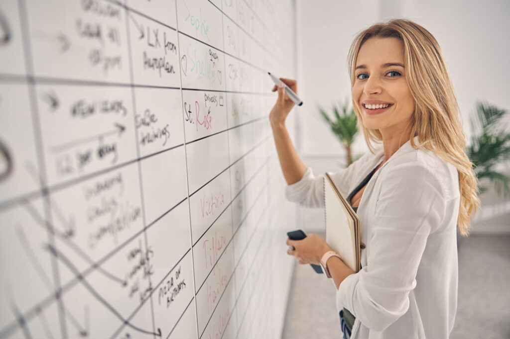 smiling women showing how to organize office for the best production work​​