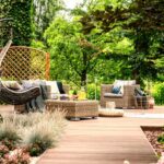 outdoor yard with seating and flowers