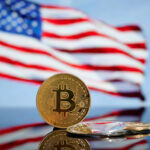 Bitcoin golden coin on American flag